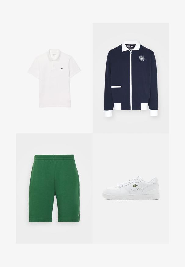 Marinblå zip-jacka gjord av texturerat tyg, med vita accenter, krage och en broderad tennis klubb-logotyp på vänster bröst.; Vit pikétröja i bomull med standardkrage, korta ärmar och en liten marinblå logga på vänster bröst.; Gröna jersey-shorts med elastiskt midjeband och sidofickor, med en liten logotyp på vänster ben. Slät textur, knälängd.; Vita lädersneakers med perforerade detaljer, platta snören och en liten grön logga på sidan. Gummisula och vadderad krage för komfort.