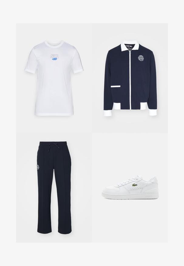 Jachetă bleumarin cu fermoar, realizată dintr-un material texturat, având accente albe, guler și un logo brodat al clubului de tenis pe pieptul stâng.; Nike Performance TEE - Bluză sport - white; Pantaloni de trening bleumarin dintr-un material moale, cu talie ajustabilă prin cordon și pliseuri laterale. Include un mic logo brodat pe coapsa stângă.; Tenisi albi din piele cu accente perforate, șireturi plate și un mic logo verde pe lateral. Talpă din cauciuc și guler căptușit pentru confort.