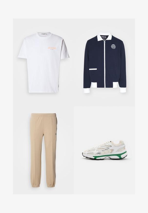Marineblå lynlåsejakke lavet af struktureret stof, med hvide detaljer, krave og et broderet tennis klub logo på venstre bryst.; Hvid bomulds T-shirt med korte ærmer, med "ANTICO BAR" trykt i lyse orange på venstre bryst og en rund halsudskæring.; Lacoste Træningsbukser - viennese; Hvide sneakers med grønne accenter og sort gummisål. Har mesh- og syntetiske paneler med en struktureret overflade og synlige sømme.
