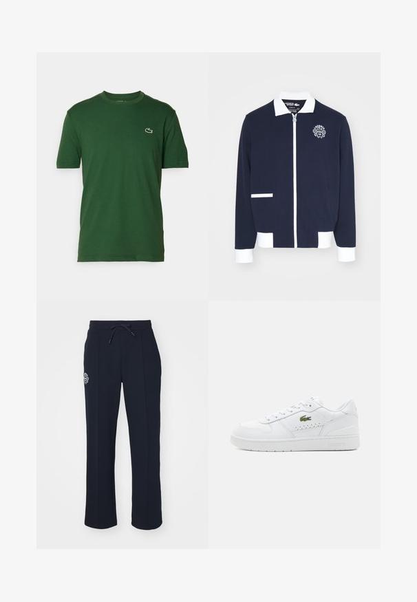Navy zipped jacket made of textured fabric, featuring white accents, a collar, and an embroidered tennis club logo on the left chest.; Green cotton t-shirt with short sleeves, crew neck, and a small Lacoste logo on the left chest. Soft texture, casual design.; Navy blue sweatpants made of soft fabric, featuring a drawstring waist and side pleats. Includes a small embroidered logo on the left thigh.; White leather sneakers with perforated accents, flat laces, and a small green logo on the side. Rubber sole and padded collar for comfort.