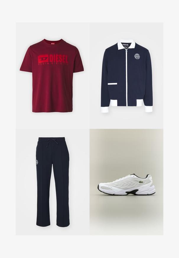Casaco de fecho éclair em tom de azul-marinho, feito de tecido texturizado, com detalhes em branco, gola e um logótipo bordado de clube de ténis no peito esquerdo.; Diesel ADJUST - T-shirt estampada - ah40y; Calças de moletom azul-marinho feitas de tecido suave, com um cós elástico ajustável e pregas laterais. Inclui um pequeno logótipo bordado na coxa esquerda.; Sapatilha atlética branca com parte superior em malha texturizada, design curvado e outsole preto em contraste. Apresenta um logótipo verde bordado de lado.