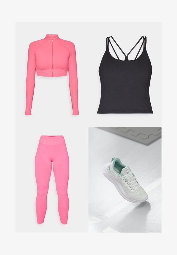 Ružová skrátená bunda na zips s dlhými rukávmi, vyrobená z hladkej tkaniny, s priliehavým strihom a kontrastnými šitými detailmi.; Čierny top bez rukávov so tenkými ramienkami a krížovým dizajnom na chrbte. Vyrobený z mäkkého, elastického materiálu s priliehavým strihom.; Ružové legíny s vysokým pásom vyrobené z elastického materiálu. Hladká textúra, priliehavý dizajn, dĺžka po členky a žiadne viditeľné vzory ani kovanie.; Svetlošedé športové topánky s štruktúrovaným pleteným zvrškom, mätozelenými akcentmi, bielymi šnúrkami, gumovou podrážkou a pútkom na päte.