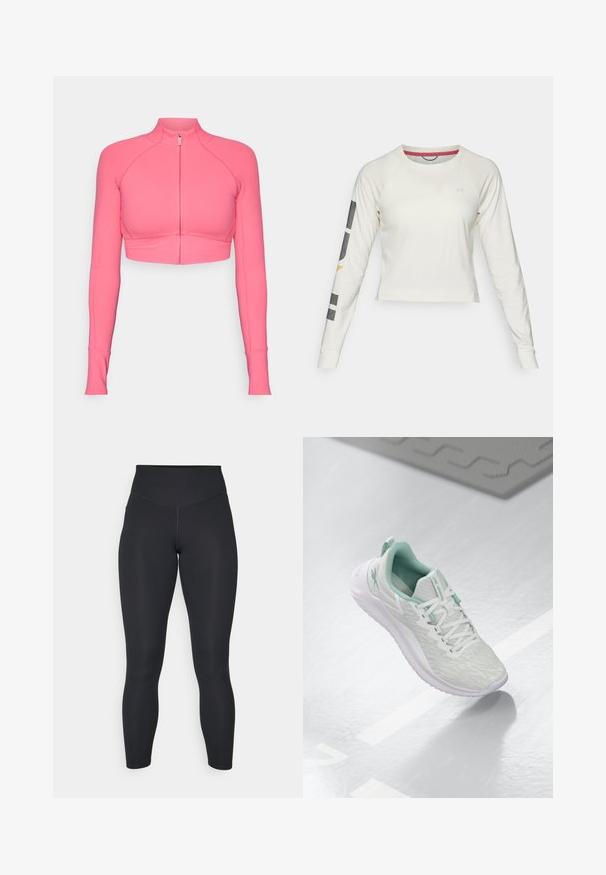 Rožinė trumpa užtrauktuku užsegama striukė su ilgomis rankovėmis, pagaminta iš lygaus audinio, su prigludusia siluetu ir kontrastingomis siūlėmis.; Šviesiai grietinėlės spalvos ilgo rankovės trumpas viršus su raglan rankovėmis, turintis mažą logotipą ant krūtinės ir grafinius akcentus ant kairės rankovės.; Juodos leggingai su aukštu liemeniu, lygaus paviršiaus ir prigludusia forma. turi plokščias siūles ir pilną ilgį be raštų.; Šviesiai pilni sportiniai bateliai su tekstūruota mezgimo viršutine dalimi, mėtų žalumo akcentais, baltais raišteliais, guminėmis padangomis ir kilpa kulne.