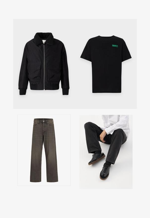 Fekete bomber dzseki plüss gallérral, elülső cipzárral és két nagy oldalsó zsebbe. Rugalmas mandzsetta és alj jellemzi, puha textúrájú anyagból készült.; Fekete, pamutból készült póló rövid ujjakkal. Elöl zöld "ROOTS" logóval, kerek nyakkivágással és normál szabással.; Széles lábú farmernadrág sötétszürke denimből, magas derékkal, klasszikus öt zsebes kialakítással és kontrasztos varrással az illesztések mentén.; Fekete tornacipők sima és texturált felsőrészel, gumitalppal és sötét cipőfűzőkkel. Fekete farmernadrággal és fehér csíkos inggel párosítva.