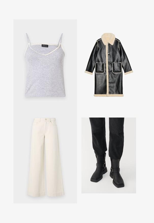 Casaco de couro preto com colarinho e forro de pele sintética beje, bolsos frontais e fechos de botão, com detalhes de costura branca em contraste.; Top de alças cinza com nervuras e alças ajustáveis. Apresenta um decote em forma de V e uma borda desfiada em creme ao longo das extremidades.; Calças de ganga de perna larga em bege claro, com cintura alta, dois bolsos frontais, fecho de botão e detalhes de costura subtil.; Botas de tornozelos em couro preto com bico quadrado, apresentando uma faixa larga e detalhe em fivela metálica. As botas têm uma sola robusta e textura suave.