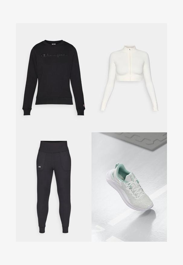 White cropped zip-up long-sleeve top with a high collar, fitted design, smooth texture, and thumbhole cuffs.; Black sweatshirt with long sleeves, round neckline, and embroidered "Champion" logo in dark thread across the chest. Ribbed cuffs and hem.; Black athletic leggings made from stretchy material, featuring a high waistband, side pockets, and fitted cuffs at the ankle.; Light gray athletic shoe with a textured knit upper, mint green accents, white laces, rubber sole, and pull tab at the heel.
