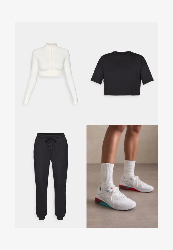 Hvid cropped zip-up langærmet top med høj krave, tætsiddende design, glat tekstur og tommelhulsmansjetter.; Sort cropped t-shirt lavet af blødt stof, med en rund halsudskæring og korte, brede ærmer, med et enkelt, sømløst design.; Sorte sweatpants lavet af blødt materiale, med en elastisk talje med snor, sidelommer og elastiske manchetter ved anklerne.; Hvide sportssko med en struktureret overdel, turkise accenter og en rød hæl. Båret med ribbede hvide sokker. Har snørebånd og branding.