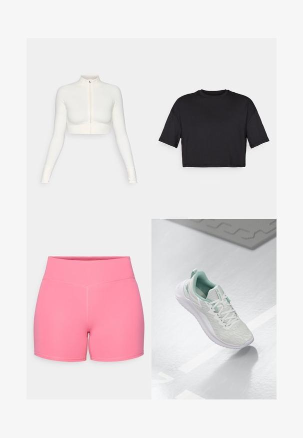 Haut zippé blanc à manches longues et court, avec un col haut, un design ajusté, une texture lisse et des poignets à trou pour les pouces.; T-shirt noir court en tissu doux, avec un col rond et des manches courtes et larges, affichant un design simple et sans couture.; Shorts de sport roses avec une texture lisse, taille haute et coutures plates, conçus pour le confort et la flexibilité pendant l'activité physique.; Baskets de sport gris clair avec un dessus en maille texturée, accents vert menthe, lacets blancs, semelle en caoutchouc et une languette au talon.