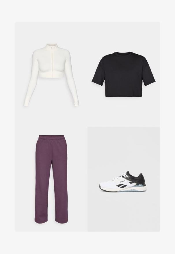 White cropped zip-up long-sleeve top with a high collar, fitted design, smooth texture, and thumbhole cuffs.; Black cropped t-shirt made of soft fabric, featuring a round neckline and short, wide sleeves, with a simple, seamless design.; Fabletics COZY WIDE LEG SWEATPANT - Tracksuit bottoms - deep plum; White and black Reebok running shoe with laces, foam sole, and branded side stripes, shown in profile against a plain background.