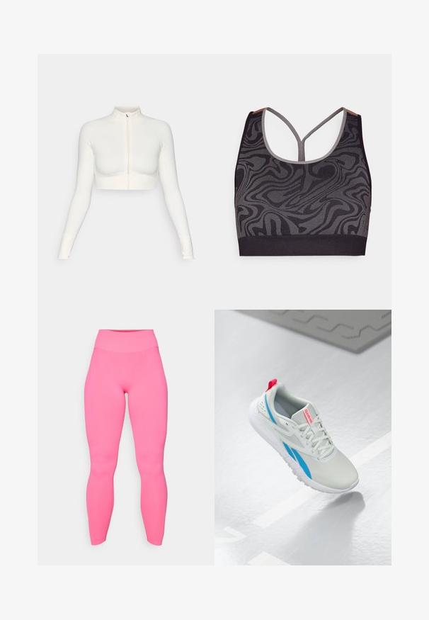 Biely skrátený zipsový top s dlhými rukávmi a vysokým golierom, priliehajúci strih, hladký povrch a manžety s otvorom na palec.; Čierny športový podprsenka so šedým vírivým vzorom, so širším výstrihom a dizajnom na zadnej strane. Vyrobená z textúrovanej pleteniny.; Ružové legíny s vysokým pásom vyrobené z elastického materiálu. Hladká textúra, priliehavý dizajn, dĺžka po členky a žiadne viditeľné vzory ani kovanie.; Biele a modré tenisky Reebok s červeným pútkom sa vznášajú nad lesklou podlahou s blízkym šedým gumovým kobercom.