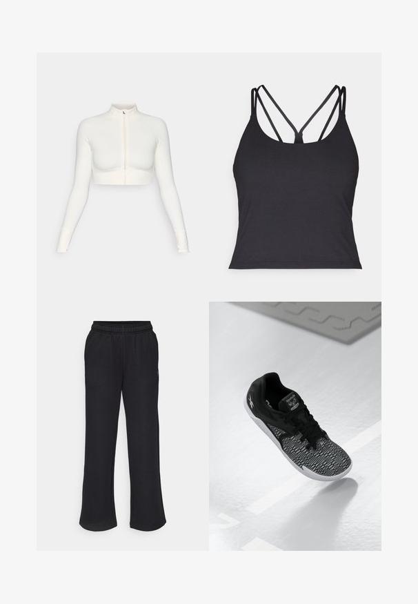 Top branco cropped com fecho, de mangas longas e colar alto, com design ajustado, textura suave e punhos com orifícios para os polegares.; T-shirt preto sem mangas com alças finas e um design entrelaçado nas costas. Feito de um material macio e elástico com um corte ajustado.; Mangas de desporto pretas com uma forma ampla, cintura elástica e bolsos laterais. Feitas de um tecido macio, sem padrões ou detalhes visíveis.; Sapatilha atlética preta com um upper em malha texturizada e padrão, atacadores pretos e uma sola branca. Apresenta a marca Reebok na língua e na lateral.