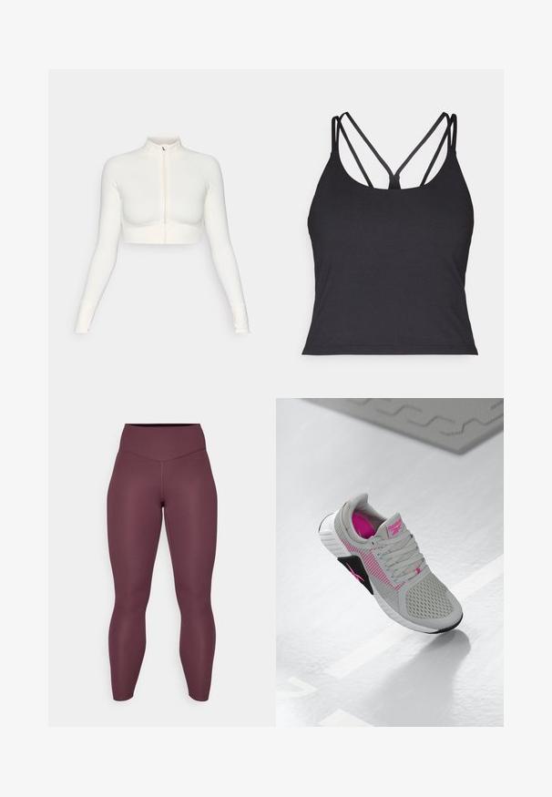 Bílý zkrácený zipový top s dlouhým rukávem a vysokým límcem, přiléhavý design, hladká textura a cuffy s otvory na palce.; Černé tílko s tenkými ramínky a křížovým designem na zádech. Vyrobeno z měkkého, elastického materiálu s přiléhavým střihem.; Burgundské legíny vyrobené z elastického materiálu; vysoký pas, těsný střih, hladká textura, bezproblémové švy a žádné viditelné vzory nebo akcenty.; Šedé a růžové sportovní tenisky Reebok s síťovaným svrškem a detailní podrážkou, vystavené na reflexním bílém povrchu.