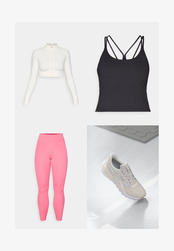 Biely skrátený zipsový top s dlhými rukávmi a vysokým golierom, priliehajúci strih, hladký povrch a manžety s otvorom na palec.; Čierny top bez rukávov so tenkými ramienkami a krížovým dizajnom na chrbte. Vyrobený z mäkkého, elastického materiálu s priliehavým strihom.; Ružové aktívne legíny s vysokým pásom, vyrobené z elastického materiálu. Majú hladkú textúru a žiadne viditeľné vzory alebo akcenty.; Svetlo béžová atletická obuv s perforovaným zvrškom, textúrovanými akcentmi, polstrovaným golierom a bielou gumovou podrážkou, navrhnutá pre pohodlie a priedušnosť.