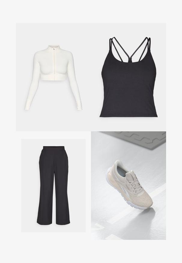 Valkoinen lyhyeksi leikattu vetoketjullinen pitkähiha, jossa on korkea kaulus, slim fit -muotoilu, sileä rakenne ja peukalon aukot hihansuissa.; Musta tank top ohutse olatustega, millel on risttõmme seljal. Valmistatud pehmest ja venivast materjalist, millel on keha lähedane siluett.; Mustat leveät housut, joissa on joustava vyötärö, kaksi sivutaskua ja sileä, kevyt rakenne. Yksinkertainen muotoilu, ei näkyviä kuvioita.; Vaaleabeige urheilusukka, jossa on rei'itetty päällinen, tekstuuriset aksentit, pehmustettu nilkkareunus ja valkoinen kumipohja, suunniteltu mukavuutta ja hengittävyyttä varten.