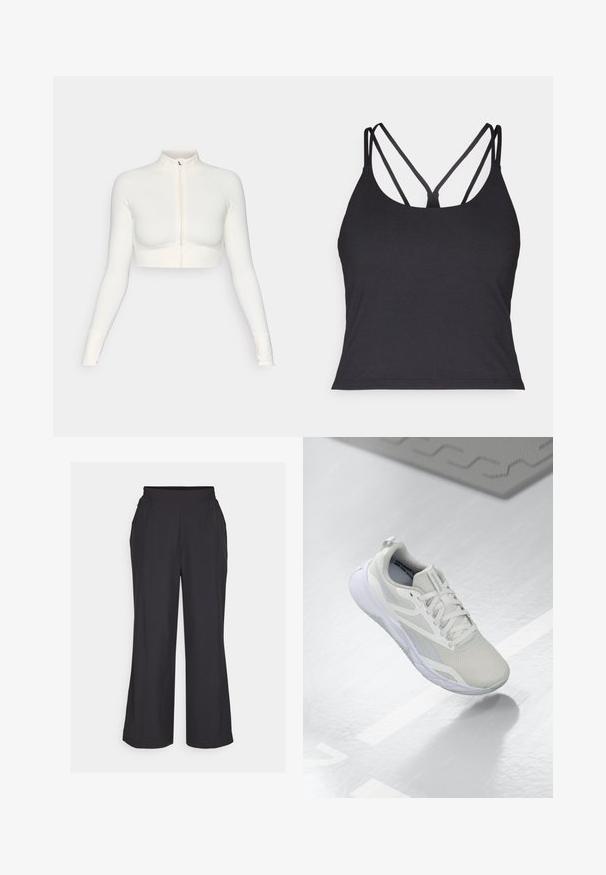 Bílý zkrácený zipový top s dlouhým rukávem a vysokým límcem, přiléhavý design, hladká textura a cuffy s otvory na palce.; Černé tílko s tenkými ramínky a křížovým designem na zádech. Vyrobeno z měkkého, elastického materiálu s přiléhavým střihem.; Černé široké kalhoty s elastickým pasem, dvěma bočními kapsami a hladkým, lehkým materiálem. Jednoduchý design, bez viditelných vzorů.; Bílé sportovní boty s síťovaným svrškem, polstrovaným jazykem a bílou gumovou podrážkou. Mezi výrazné detaily patří světle šedé akcenty a poutko.