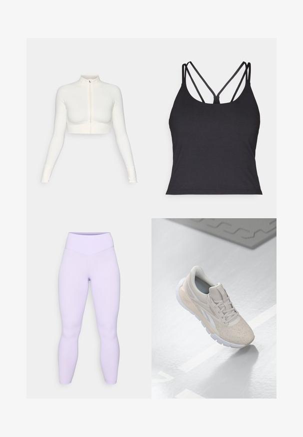 Bílý zkrácený zipový top s dlouhým rukávem a vysokým límcem, přiléhavý design, hladká textura a cuffy s otvory na palce.; Černé tílko s tenkými ramínky a křížovým designem na zádech. Vyrobeno z měkkého, elastického materiálu s přiléhavým střihem.; Fialové legíny s vysokým pasem, hladkou texturou a přiléhavým střihem, sahajícími ke kotníkům bez viditelných švů nebo vzorů.; Světlé béžové sportovní boty s perforovaným svrškem, texturovanými akcenty, polstrovaným límcem a bílou gumovou podešví, navržené pro pohodlí a prodyšnost.