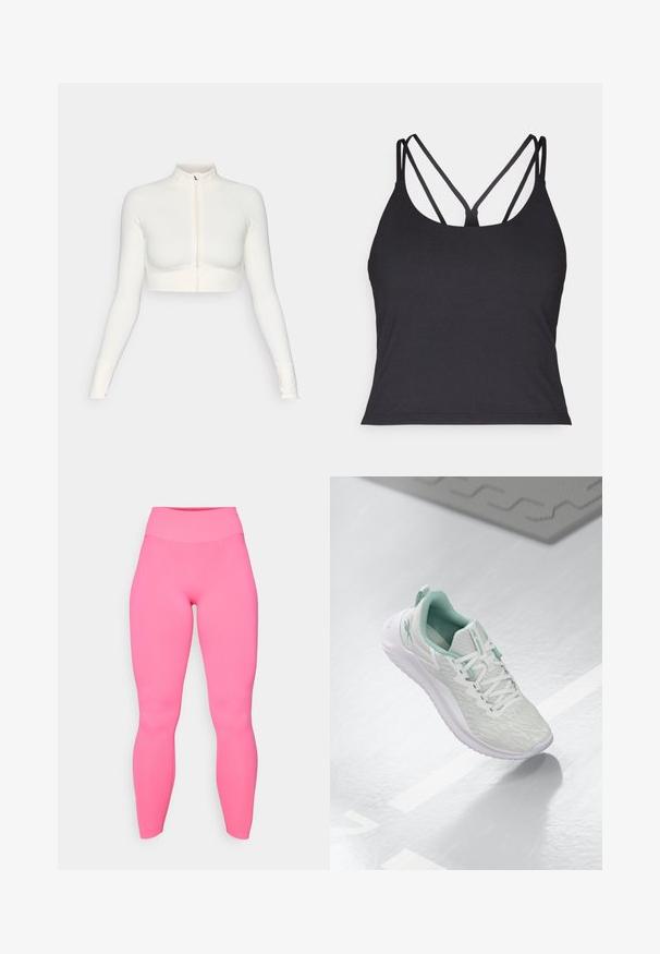 Top bianco corto con zip e maniche lunghe, con colletto alto, design aderente, texture liscia e polsini con foro per il pollice.; Top nero senza maniche con sottili spalline e un design incrociato sul retro. Realizzato in materiale morbido ed elastico con una silhouette aderente.; Leggings fucsia a vita alta realizzati in tessuto elasticizzato. Texture liscia, design aderente, lunghezza alla caviglia e senza motivi o accessori visibili.; Scarpa sportiva grigio chiaro con tomaia in maglia testurizzata, dettagli verde menta, lacci bianchi, suola in gomma e linguetta sul tallone.