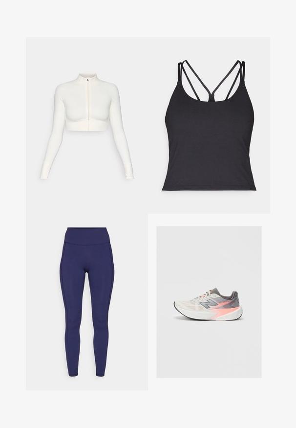 Bijela skraćena zip-up majica s dugim rukavima, visokim ovratnikom, uskim dizajnom, glatkom teksturom i rukavima s otvorima za palčeve.; Crni top bez rukava s tankim trakama i dizajnom u obliku križa na leđima. Izrađen od mekanog, rastezljivog materijala s prilagođenim krojem.; Mornarice visokog struka od rastezljivog materijala. Ima ravne šave i prilagođen kroj, s dvjema bočnim džepovima za pohranu.; Svijetlosivi i ružičasti New Balance trkaći tenisice s debelim bijelim potplatom i crnim donjim dijelom, bočni prikaz na jednostavnoj pozadini.