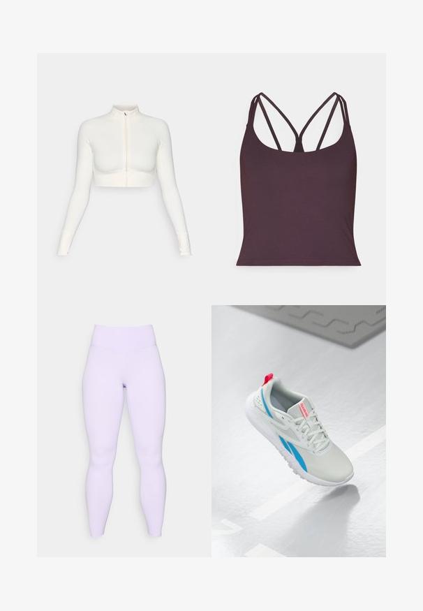 Hvit kort bukseseler-langermet topp med høy krage, tettsittende design, glatt tekstur og tommelhull på ermene.; Mørk lilla tanktopp laget av glatt stoff, med tynne doble stropper og rund halslinning. Sømløs kant nederst.; Lilla tights med høy midje, laget av et elastisk, glatt stoff. Tett sittende design uten synlige mønstre eller detaljer.; Hvit og blå Reebok-sneaker med rød løkke svevende over et skinnende gulv med en grå gummimatte i nærheten.