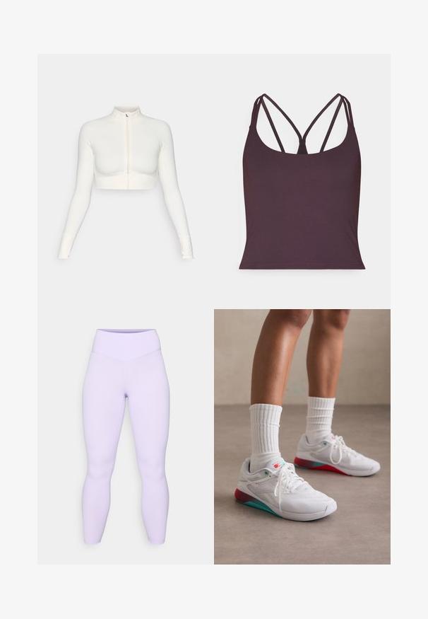 Top bianco corto con zip e maniche lunghe, con colletto alto, design aderente, texture liscia e polsini con foro per il pollice.; Top senza maniche di colore viola scuro realizzato in tessuto morbido, con sottili spalline doppie e scollatura arrotondata. Orlo senza cuciture nella parte inferiore.; Leggings lilla con vita alta, texture liscia e design aderente, che si estendono fino alle caviglie senza cuciture o motivi visibili.; Scarpe da atletica bianche con tomaia testurizzata, dettagli turchesi e tallone rosso. Indossate con calzini bianchi a coste. Presentano lacci e marchi.