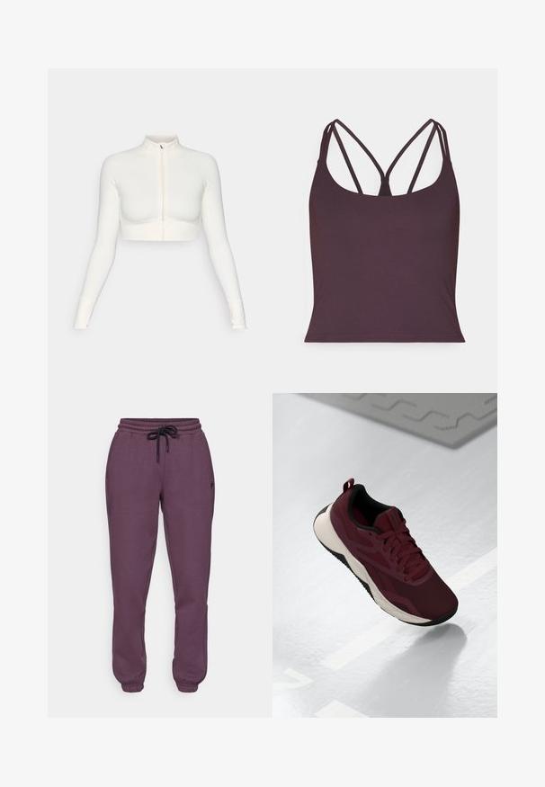 Witte cropped zip-up top met lange mouwen en hoge kraag, slim fit ontwerp, gladde textuur en duimgaten in de mouwen.; Donkergpaarse tanktop van gladde stof met dunne dubbele bandjes en een ronde halslijn. Naadloze zoom aan de onderkant.; Fabletics COZY GO TO SWEATPANT - Trainingsbroek - deep plum; Bordeaux sportieve schoen met een bovenwerk van mesh, zwarte accenten en een gewatteerde witte zool. Voorzien van een vetersluiting en een trekband aan de hiel.