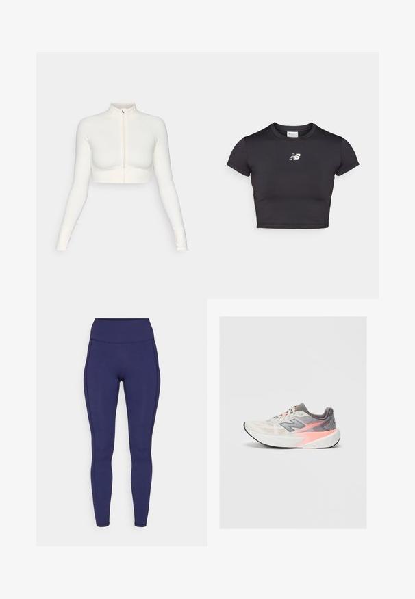 Bílý zkrácený zipový top s dlouhým rukávem a vysokým límcem, přiléhavý design, hladká textura a cuffy s otvory na palce.; Černé zkrácené atletické tričko s krátkými rukávy, vyrobené z elastického materiálu. Má bílou logu na přední straně, kulatý výstřih a přiléhavý střih.; Námořnické legíny s vysokým pasem vyrobené z elastického materiálu. Mají ploché švy a těsný střih, s dvěma bočními kapsami pro uložení.; Světlé šedé a růžové běžecké boty New Balance s tlustou bílou podrážkou a černou podrážkou, boční pohled na jednolitém pozadí.