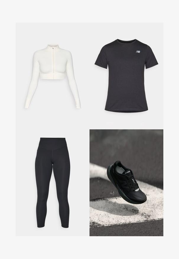 Bela kratica zip-up dolgi rokav zgornji del s visokim ovratnikom, prilegajoča zasnova, gladka tekstura in rokavi s odprtinami za palce.; Črna majica s kratkimi rokavi iz mehkega blaga, z majhnim sivim logotipom New Balance na zgornjem levem prsnem delu, klasična zasnova okroglega izreza.; Črne legice z visokim pasom, gladko teksturo in oprijetim dizajnom. Imajo ravne šive in polno dolžino brez vzorcev.; Črne tekaške čevlje z teksturirano zgornjim delom, eleganten dizajn in odsevne detajle. Imajo mehak, oblazinjen podplat za udobje.