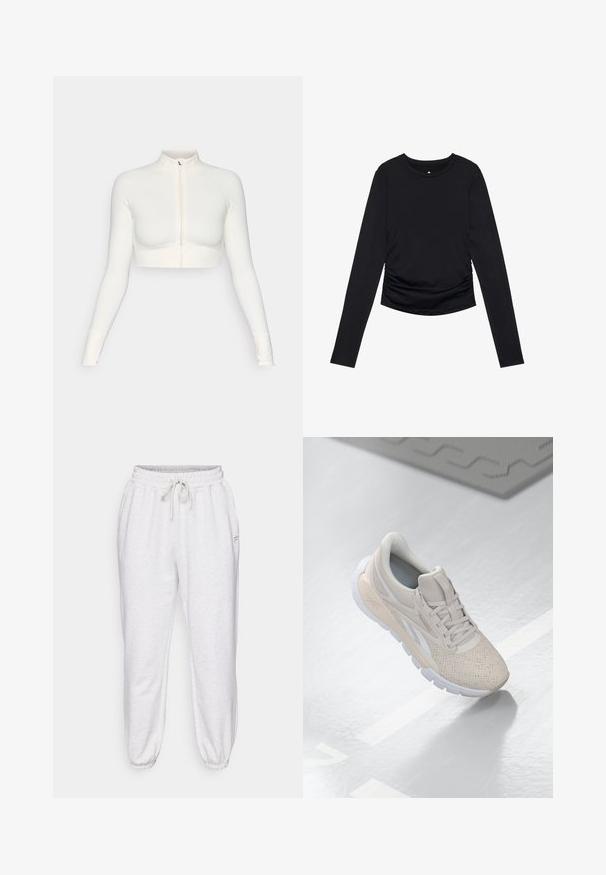 Top alb, scurt, cu fermoar, mâneci lungi, guler înalt, design ajustat, textură netedă și manșete cu orificii pentru degete.; Top negru cu mânecă lungă, cu decolteu rotund și detalii plisate pe părțile laterale, expus pe un fundal alb simplu.; Pantaloni de jogging gri deschis, dintr-un material moale, cu talie elastică, șnur și mansete tapered, dotati cu buzunare laterale.; Adidașuri bej deschis, cu un superior perforat, accente texturate, guler căptușit și talpă din cauciuc alb, concepute pentru confort și respirabilitate.