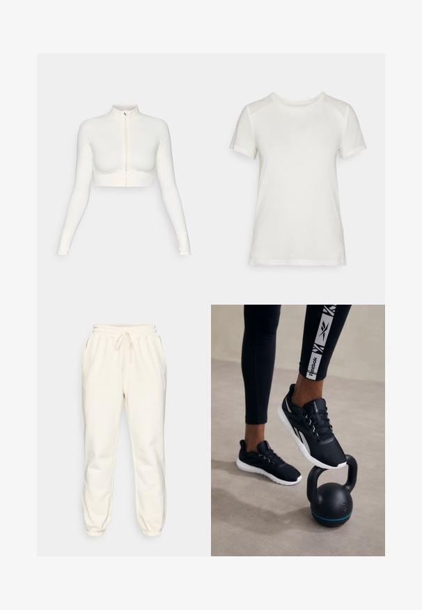 White cropped zip-up long-sleeve top with a high collar, fitted design, smooth texture, and thumbhole cuffs.; White short-sleeve t-shirt made of soft fabric, featuring a round neckline and a relaxed fit with smooth, seamless shoulder accents.; Cream-colored sweatpants made of soft fabric, featuring an elastic waistband with drawstring, side pockets, and tapered cuffs at the ankles.; Black athletic shoes with a textured upper, white sole, and gray accents, positioned on a black kettlebell with a blue stripe, against a neutral background.