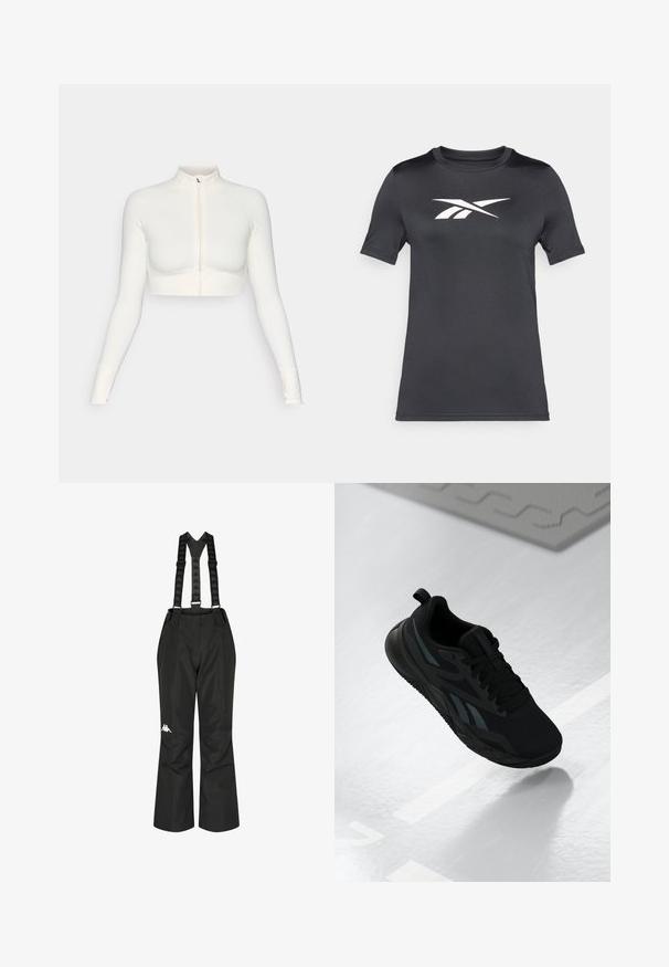 Bela kratica zip-up dolgi rokav zgornji del s visokim ovratnikom, prilegajoča zasnova, gladka tekstura in rokavi s odprtinami za palce.; Črna majica s kratkimi rokavi, izdelana iz gladkega blaga, z belim logotipom čez prsni del. Okrogla izrezana vrata in redna prilega.; Črne vodoodporne hlače z nastavljivimi naramnicami in logotipom. Ravne hlačnice in gladka tekstura za udobje in fleksibilnost.; Črne atletske čevlje z mrežastim zgornjim delom, ki vključujejo teksturirane detajle in ravno obliko podplata. Vključujejo tonalne blagovne znamke in zanko za pomoč pri obuvanju na peti.