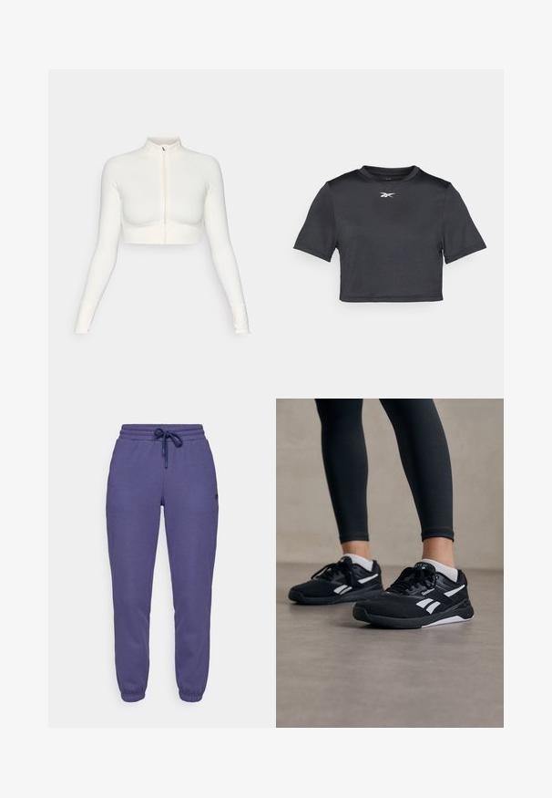 Bela kratica zip-up dolgi rokav zgornji del s visokim ovratnikom, prilegajoča zasnova, gladka tekstura in rokavi s odprtinami za palce.; Črna skrajšana atletska majica, izdelana iz gladkega, lahkega materiala. Ima kratke rokave in okroglo ovratnico ter belo logo natisnjen na prsih.; Vijolične trenirke iz mehkega blaga, z elastičnim pasom s vrvico in zategnjenimi robovi nogavic.; Črne športne čevlje z teksturiranim mrežastim zgornjim delom, belimi poudarki in oblazinjenim podplatom. Nosi se z črnimi leginami, kar poudarja eleganten dizajn.