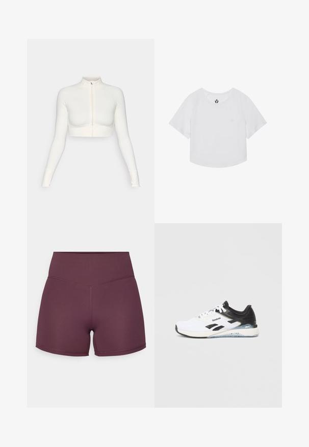 Top bianco corto con zip e maniche lunghe, con colletto alto, design aderente, texture liscia e polsini con foro per il pollice.; Maglietta atletica cropped bianca con maniche raglan corte, scollatura rotonda e un piccolo logo sul petto. Tessuto liscio e leggero.; Shorts sportivi color malva realizzati in tessuto elasticizzato, con un alto punto vita e una texture liscia, caratterizzati da dettagli di cucitura a contrasto.; Scarpa da corsa Reebok bianca e nera con lacci, suola in schiuma e strisce laterali con il marchio, mostrata in profilo su uno sfondo semplice.
