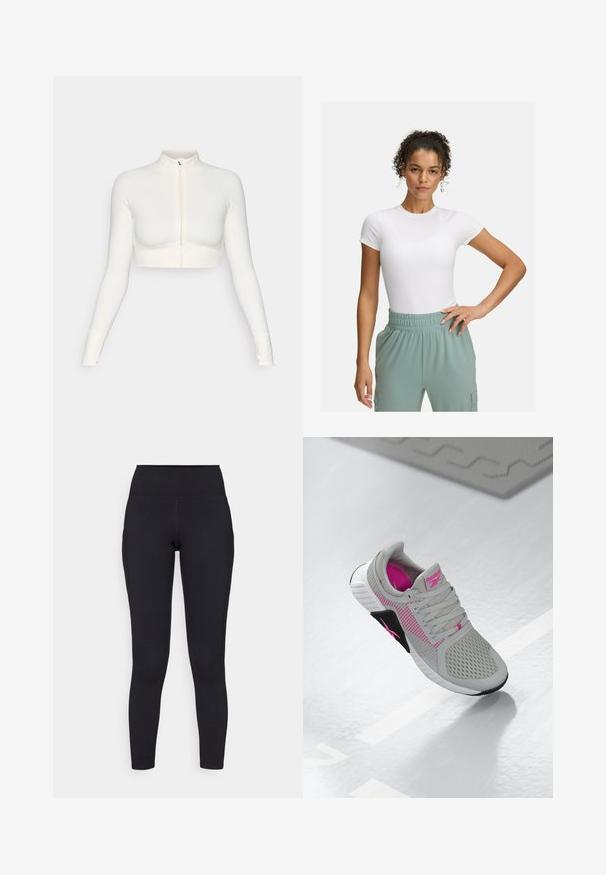 Valkoinen lyhyeksi leikattu vetoketjullinen pitkähiha, jossa on korkea kaulus, slim fit -muotoilu, sileä rakenne ja peukalon aukot hihansuissa.; Valkoinen muotoiltu t-paita lyhyillä hihoilla, yhdistettynä vaaleanvihreisiin joustaviin vyötäröhousuihin. Sileä pinta, minimalistinen muotoilu ja ei näkyviä kuvioita.; Mustat vyötäröltä korkeat leggingsit, jotka on valmistettu venyvästä materiaalista. Niissä on sileä pinta ja tiukka muotoilu, joka ulottuu nilkkoihin saakka.; Harmaa ja vaaleanpunainen Reebokin urheilukenkä, jossa on verkotettu yläosa ja yksityiskohtainen pohja, esillä heijastavalla valkoisella pinnalla.