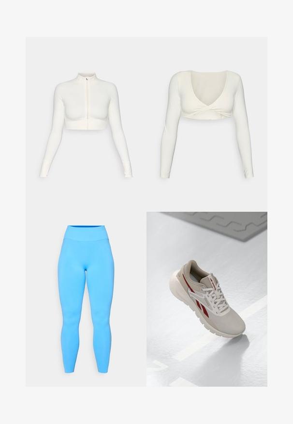 Balta trumpa zip-up viršutinė dalis su ilgomis rankovėmis, aukšta apykakle, prisitaikanti konstrukcija, glotni tekstūra ir rankovių angomis nykščiams.; Balta ilgomis rankovėmis trumpa palaidinė su giliu V formos iškirpimu ir suktuoju priekyje, pagaminta iš lygaus, elastingo audinio.; Mėlynos legginai, pagaminti iš elastingos medžiagos su aukštu juosmeniu. Lygus paviršius ir prigludęs dizainas, siekiantis iki kulkšnies.; Šviesiai ruda sportinė avalynė su raudonais akcentais, tekstūruota tinklinė viršutinė dalis, paminkštintas apykaklės kraštas ir lengva padas. Šone yra logotipas ir šnabiavimo dizainas.