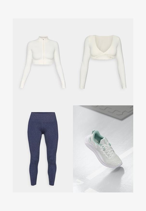 Balta, īsā piegriezuma, ar rāvējslēdzēju, garām piedurknēm, augsta apkakle, cieši pieguloša dizaina, gluda tekstūra un ar caurumiem uz pirkstiem.; Balts garais piedurknes apgrieztais tops ar dziļu V veida dekoltē un savītu priekšpusi, izgatavots no gludas, elastīgas auduma.; Jūras spēku zila krāsa legingi ar teksturētu, spīdīgu apdari. Iekļauj augstu jostasvietu un kontūras šuvju, lai nodrošinātu pieguļošu siluetu.; Gaišpelēka sporta apava ar teksturētu trikotāžas augšu, mentolzaļiem akcentiem, baltām šņorēm, gumijas zoli un cilpu uz papēža.