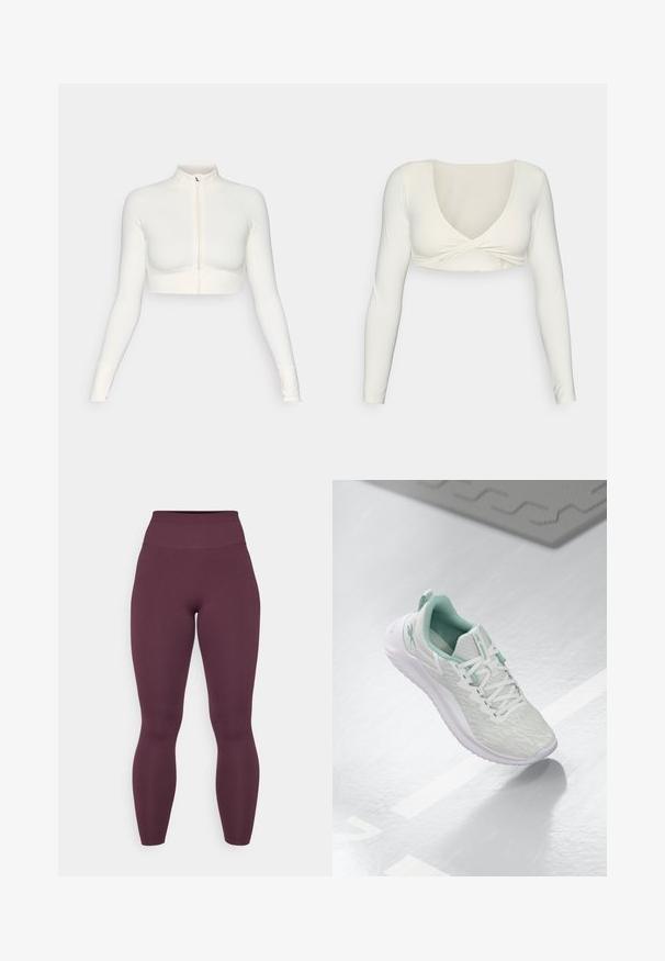 White cropped zip-up long-sleeve top with a high collar, fitted design, smooth texture, and thumbhole cuffs.; White long-sleeve crop top with a deep V-neckline and twisted front design, made from a smooth, stretchy fabric.; Burgundy high-waisted leggings with a smooth, stretchy fabric. Full-length design, seamless at the waist, no visible hardware or patterns.; Light gray athletic shoe with a textured knit upper, mint green accents, white laces, rubber sole, and pull tab at the heel.