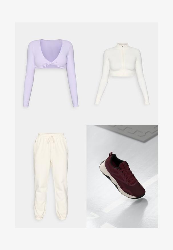 White cropped zip-up long-sleeve top with a high collar, fitted design, smooth texture, and thumbhole cuffs.; Light lavender long-sleeve crop top with a deep V-neck and twisted front design. Made of smooth, stretchy fabric, ideal for layering.; Cream-colored sweatpants made of soft fabric, featuring an elastic waistband with drawstring, side pockets, and tapered cuffs at the ankles.; Maroon athletic shoe with mesh upper, black accents, and a cushioned white sole. Features lace-up closure and pull tab at the heel.