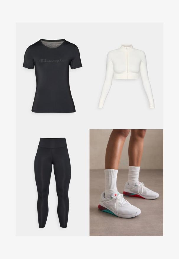 Biała, krótka, zapinana na zamek, długopłaszczowa bluzka z wysokim kołnierzem, dopasowanym krojem, gładką teksturą i otworami na kciuki.; Czarny koszulka sportowa z gładkiego, lekkiego materiału. Posiada okrągły dekolt oraz krótkie rękawy, z subtelnym, ciemnym logo "Champion" na przodzie.; Czarne legginsy o wysokim staniefull-length, wykonane z gładkiego materiału, z widocznymi detalami szwów na przodzie i w pasie.; Białe buty sportowe z fakturowaną cholewką, turkusowymi akcentami i czerwoną piętą. Noszone z prążkowanymi białymi skarpetkami. Posiadają sznurowadła oraz logo.