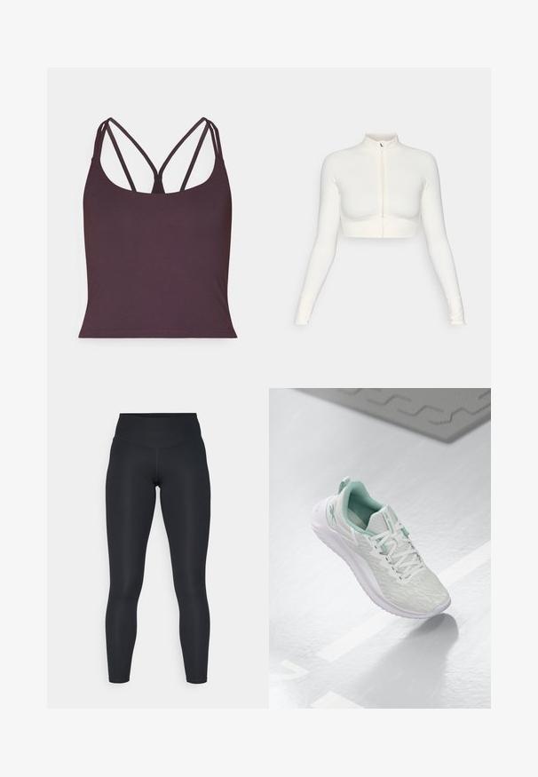 Top alb, scurt, cu fermoar, mâneci lungi, guler înalt, design ajustat, textură netedă și manșete cu orificii pentru degete.; Top fără mâneci de culoare violet închis, realizat dintr-un material neted, cu bretele subțiri și de tip dublu și decolteu rotund. Cordon fără cusături la baza.; Leggings negre dintr-un material elastic, cu o talie înaltă, textură netedă și o croială care se mulează pe corp. Fără modele vizibile sau accesorii.; Pantof de sport gri deschis, cu un material tricotat texturat, accente verde menta, șireturi albe, talpă din cauciuc și o bucată pentru tragere la călcâi.