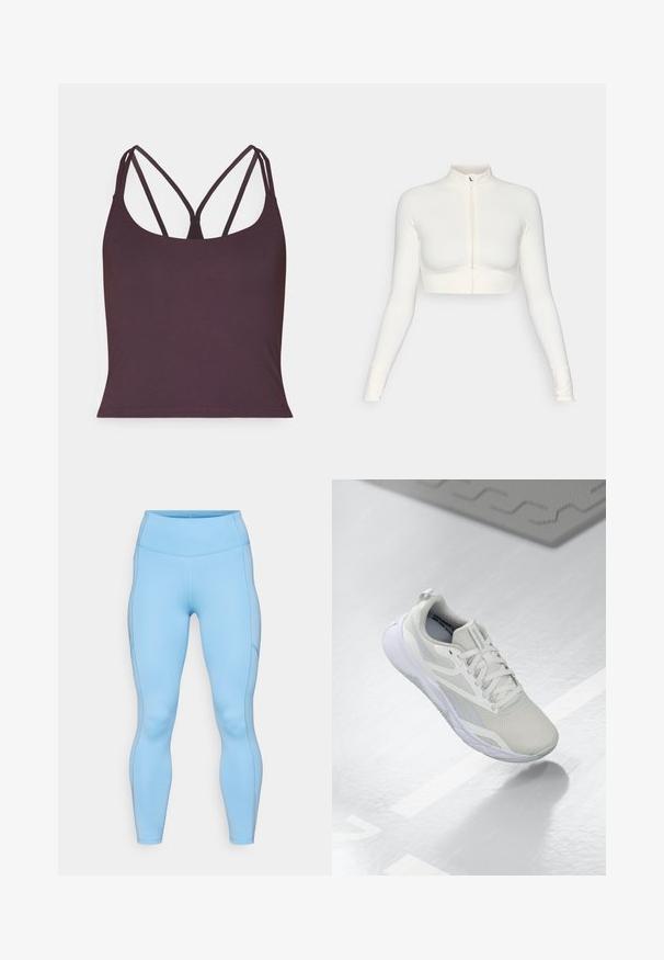 White cropped zip-up long-sleeve top with a high collar, fitted design, smooth texture, and thumbhole cuffs.; Dark purple tank top made of smooth fabric featuring thin double straps and a rounded neckline. Seamless hem at the bottom.; Light blue leggings made of stretchy fabric. Features a high waistband, smooth texture, and curved seams along the legs.; White athletic shoe with a mesh upper, padded tongue, and a white rubber sole. Notable accents include light gray detailing and pull tab.
