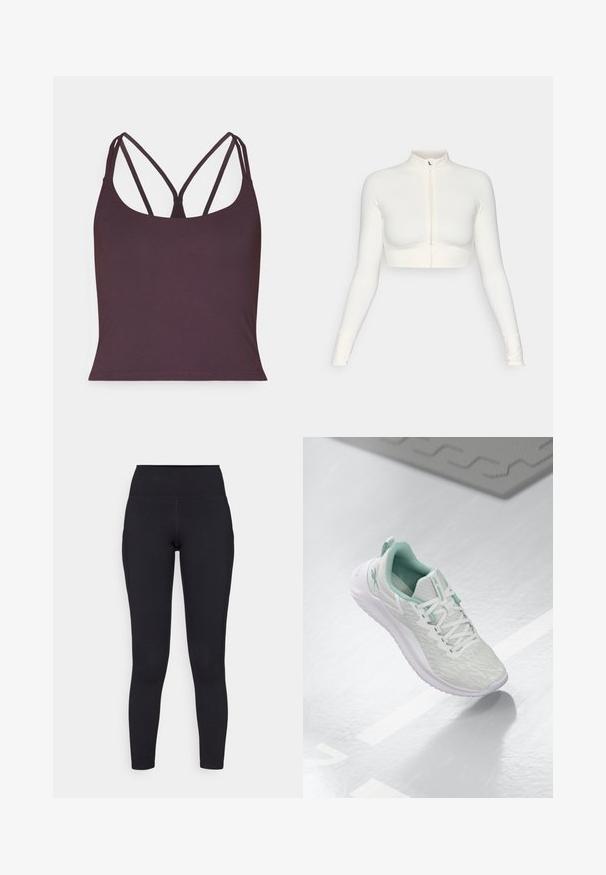 Hvid cropped zip-up langærmet top med høj krave, tætsiddende design, glat tekstur og tommelhulsmansjetter.; Mørkelilla tanktop lavet af glat stof med tynde dobbelte stropper og en afrundet halsudskæring. Sømfri kant forneden.; Sorte højtaljede leggings lavet af strækbart materiale, med en glat overflade og et tætsiddende design, der går ned til anklerne.; Lys grå sportsko med en struktureret strikket overdel, mintgrønne accenter, hvide snørebånd, gummisål og en løkke ved hælen.