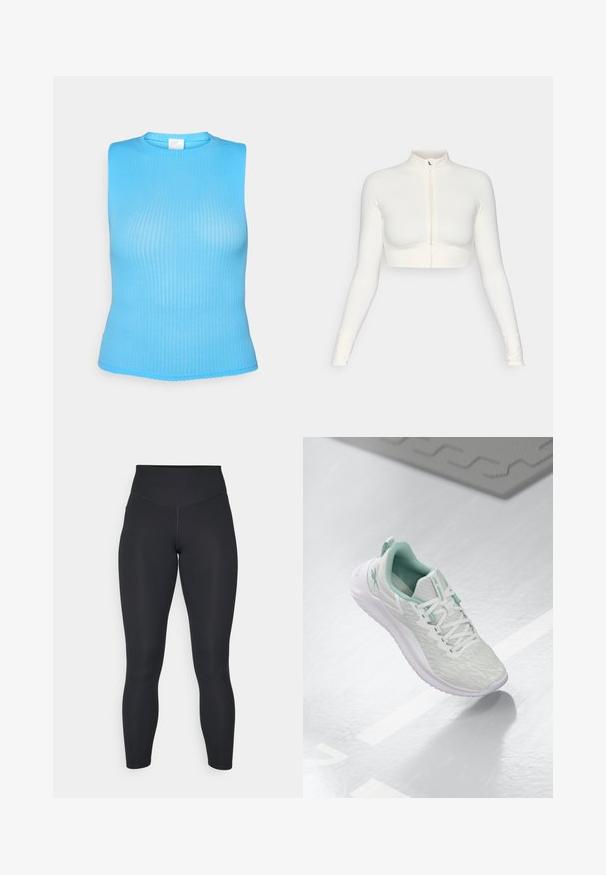 Bílý zkrácený zipový top s dlouhým rukávem a vysokým límcem, přiléhavý design, hladká textura a cuffy s otvory na palce.; Hladký, bezrukávový top v jasně modré barvě. Hladká textura s kulatým výstřihem a mírně zkráceným střihem. Dokončeno čistým lemem.; Černé legíny s vysokým pasem, hladkým povrchem a přiléhavým střihem. Mají ploché švy a celoplošné pokrytí bez vzorů.; Světle šedá sportovní obuv s texturovaným pleteným svrškem, mátově zelenými akcenty, bílými tkaničkami, gumovou podrážkou a poutkem na patě.