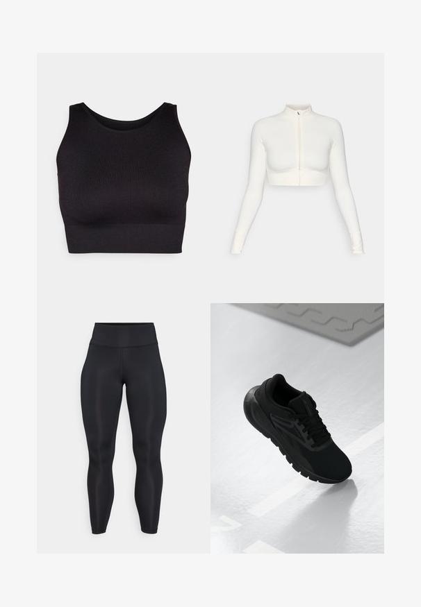 Valge lühikeste varrukatega pikendatud ülikond, millel on kõrge krae, sobiv disain, sile tekstuur ja pöidlaugu käised.; must have ribidega crop-top kõrge kaelusega ja laia käeaukudega, pehme ja veniv kangas mugavuseks ning sujuv disain.; Mustad kõrge vöökohaga täispikad legginsid, mis on valmistatud siledast kangast ning millel on esiosas ja vöökoha piirkonnas nähtavad õmbluse detailid.; Mustvalge spordijalats, millel on võrgusilma ülemine osa, ümmargune nina, pehme talla ja tekstuuriga aktsendid, asetatuna siledale valgele pinnale.