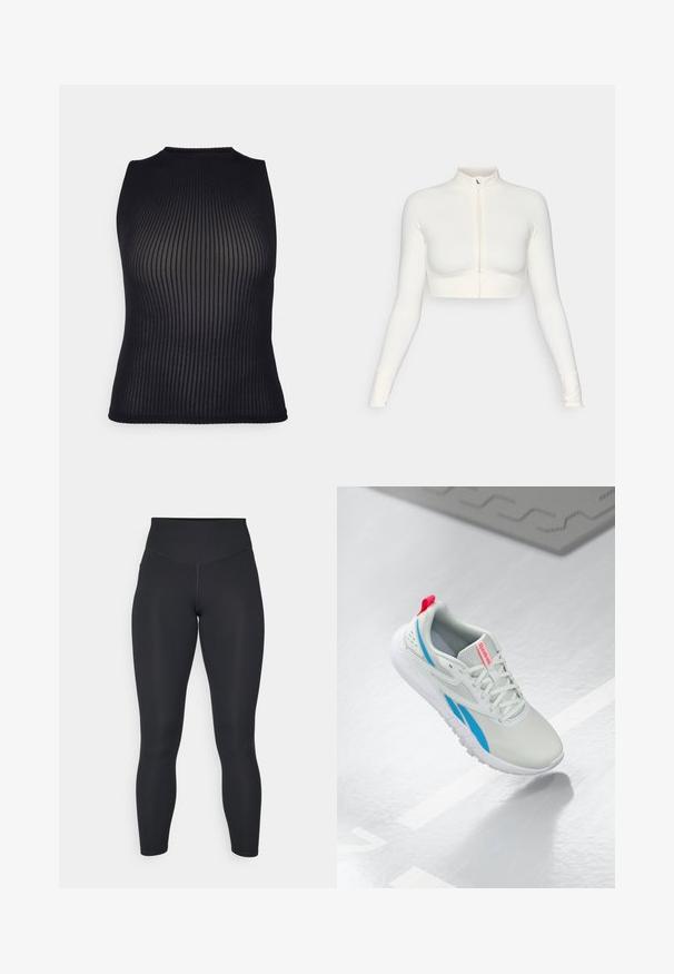 Balta, īsā piegriezuma, ar rāvējslēdzēju, garām piedurknēm, augsta apkakle, cieši pieguloša dizaina, gluda tekstūra un ar caurumiem uz pirkstiem.; Melnas ribbed auduma bezpiedurkņu blūze ar augstu kakla izgriezumu un teksturētu detaļu, piedāvājot pieguļošu siluetu, kas akcentē ķermeni.; Melnas legingu bikses ar augstu jostasvietu, gludu tekstūru un pielāgotu dizainu. Iezīmē platas šuves un pilna garuma pārklājumu bez rakstiem.; Baltas un zils Reebok sporta apavu modelis ar sarkanu cilpu peld virs spīdīgas grīdas, blakus atrodas pelēks gumijas paklājs.
