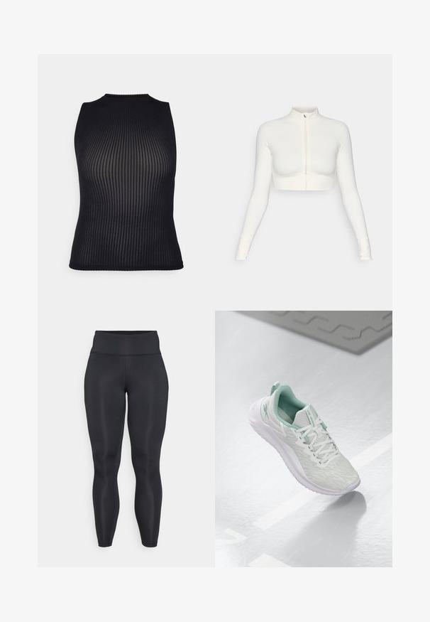 Biely skrátený zipsový top s dlhými rukávmi a vysokým golierom, priliehajúci strih, hladký povrch a manžety s otvorom na palec.; Čierny rebrovaný pletený top bez rukávov s vysokým výstrihom a textúrovaným detailom, ktorý má priliehavý strih kontúrujúci telo.; Čierne legíny s vysokým pásom, vyrobené z hladkého, elastického materiálu. Obsahujú ploché švy a majú priliehavý, zúžený strih.; Svetlošedé športové topánky s štruktúrovaným pleteným zvrškom, mätozelenými akcentmi, bielymi šnúrkami, gumovou podrážkou a pútkom na päte.
