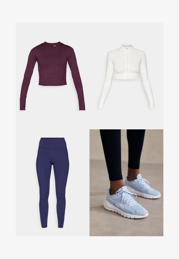 Balta, īsā piegriezuma, ar rāvējslēdzēju, garām piedurknēm, augsta apkakle, cieši pieguloša dizaina, gluda tekstūra un ar caurumiem uz pirkstiem.; Garā piedurkne, apgriezta krekls tumši purpursarkanā krāsā, izgatavots no mīksta, nedaudz teksturēta materiāla ar apļveida kakla izgriezumu un bez redzamām rakstu vai akcentu detaļām.; Jūras spēku augsto jostu legingi, kas izgatavoti no elastīga auduma. Iezīmē plakanas šuvi un ciešu piegriezumu, ar divām sānu kabatām uzglabāšanai.; Gaiši zili sporta apavi ar sietu audumu, mīkstu apkakli un balto zoli. Iekļauj auklas un sānu svītras kontrastējošā baltā krāsā.