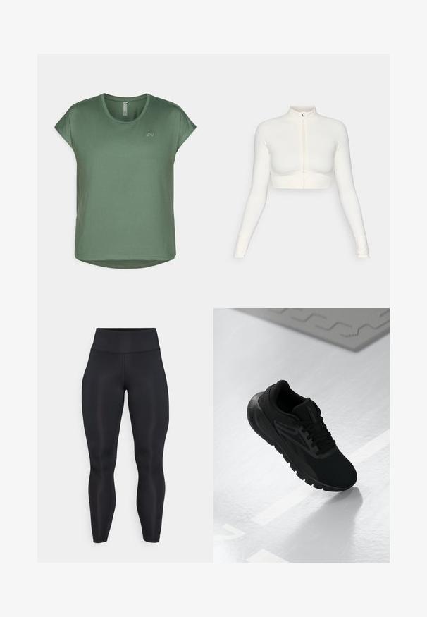 Biely skrátený zipsový top s dlhými rukávmi a vysokým golierom, priliehajúci strih, hladký povrch a manžety s otvorom na palec.; Zelené tričko s krátkym rukávom, ktoré má okrúhly výstrih, mäkkú tkaninu, voľný strih a nenápadný detail loga na prednej strane.; Čierne legíny s vysokým pásom a celkovou dĺžkou, vyrobené z hladkej tkaniny s viditeľnými švovými detailmi na prednej strane a páse.; Čierna atletická obuv s sieťovaným vrchom, okrúhlou špičkou, polstrovanou podrážkou a textúrovanými detailami, umiestnená na hladkom bielom povrchu.