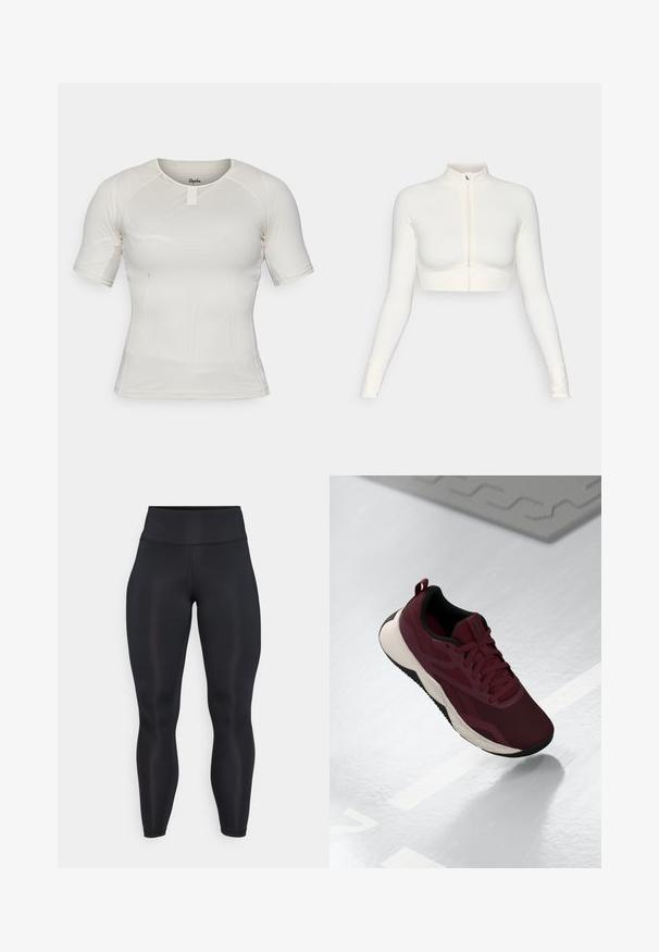 Bela kratica zip-up dolgi rokav zgornji del s visokim ovratnikom, prilegajoča zasnova, gladka tekstura in rokavi s odprtinami za palce.; Kratka športna majica s kratkimi rokavi iz svetlo bež mrežaste tkanine z okroglo ovratnikom in podrobnostjo na sprednji strani. Raztegljiv in prilegan kroj za udobje.; Črne legice visokega pasu, polne dolžine, z gladkim materialom in vidnimi šivi na sprednjem delu ter pasu.; Barevni športni čevlji v maroon barvi z mrežastim zgornjim delom, črnimi detajli in oblazinjenim belim podplatom. Imajo vezalni sistem in zanko na peti.