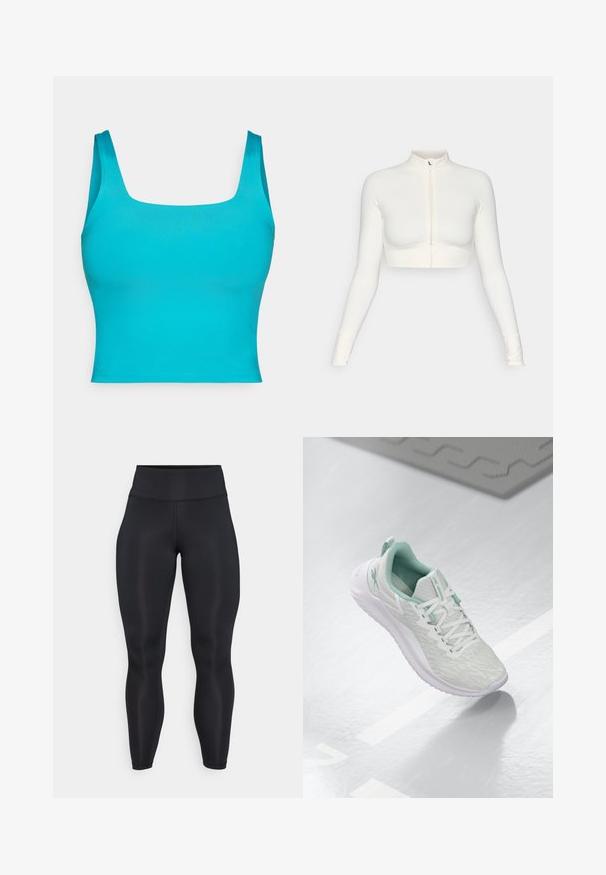 Hvit kort bukseseler-langermet topp med høy krage, tettsittende design, glatt tekstur og tommelhull på ermene.; Turkis-farget tettsittende crop top med bred kvadratisk halsutskjæring, glatt tekstur, og uten synlige mønstre eller detaljer. Korte, brede stropper.; Svarte høy midje full-lengde leggings med glatt stoff og synlige søm detaljer foran og i midjebåndet.; Lys grå idrettssko med en teksturert strikket overdel, mintgrønne detaljer, hvite snøringer, gummisåle og en løftestropp på hælen.