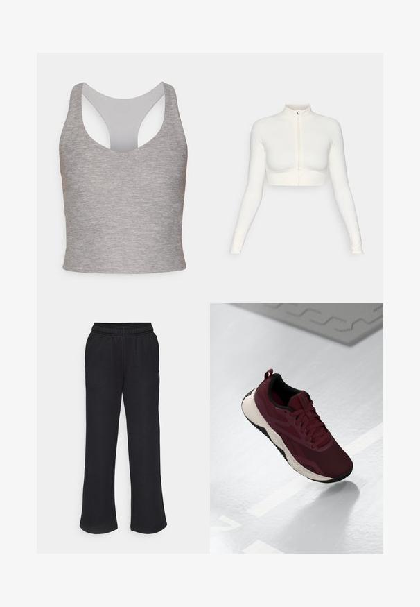 Weißer, taillierter Reißverschluss-Pullover mit langen Ärmeln und hohem Kragen, elastischem Design, glatter Textur und Daumenlöchern.; Grauer ärmelloser Cropped-Top mit weitem Rundhalsausschnitt und einem ausgeschnittenen Rücken. Hergestellt aus weichem, elastischem Stoff mit glatter Textur.; Schwarze Sweatpants mit einem ausgestellten Schnitt, elastischem Bund und seitlichen Taschen. Aus weichem Stoff ohne sichtbare Muster oder Akzente gefertigt.; Maroon Sport-Schuh mit Mesh-Obermaterial, schwarzen Akzenten und einer gepolsterten weißen Sohle. Verfügt über Schnürverschluss und Lasche an der Ferse.